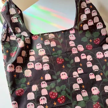 Book Themed Reusable Shopping Bag w/ Fold-Up Pouch - Ghostie & Berries Spooky - CrescentCat Co. - Wild Lark