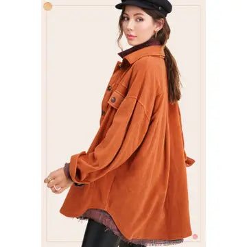 Loose-Fit Long Sleeve Button-Down Fleece Shacket - Rust / Small - la Miel - Wild Lark