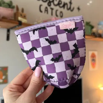 Bookish Drink Sleeve - Sale!-Spooky Cute Purple Checkered Bats - CrescentCat Co. - Wild Lark
