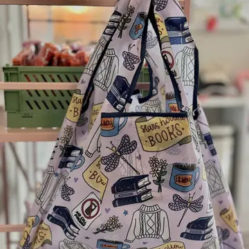 Book Themed Reusable Shopping Bag w/ Fold-Up Pouch - Stars Hollow Books - CrescentCat Co. - Wild Lark