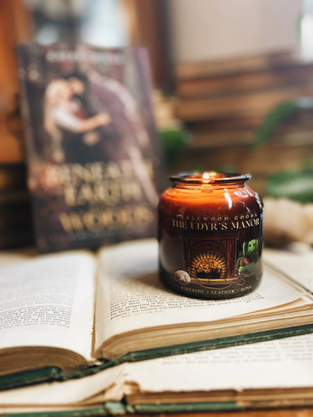8oz Apothecary Organic Soy Wood Wick Candle - The Udyr's Manor - Fireside, Leather, Moss - Fablewood Goods - Wild Lark