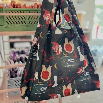 Book Themed Reusable Shopping Bag w/ Fold-Up Pouch - Vampire Saga Bookish - CrescentCat Co. - Wild Lark