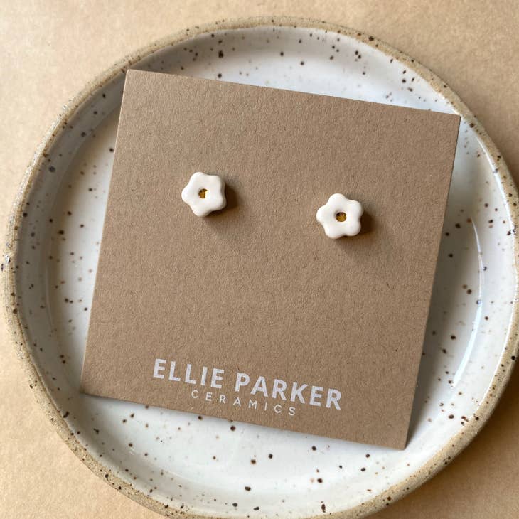 White Ceramic Flower Gold Accent Stud Earring -  - Ellie Parker Ceramics - Wild Lark