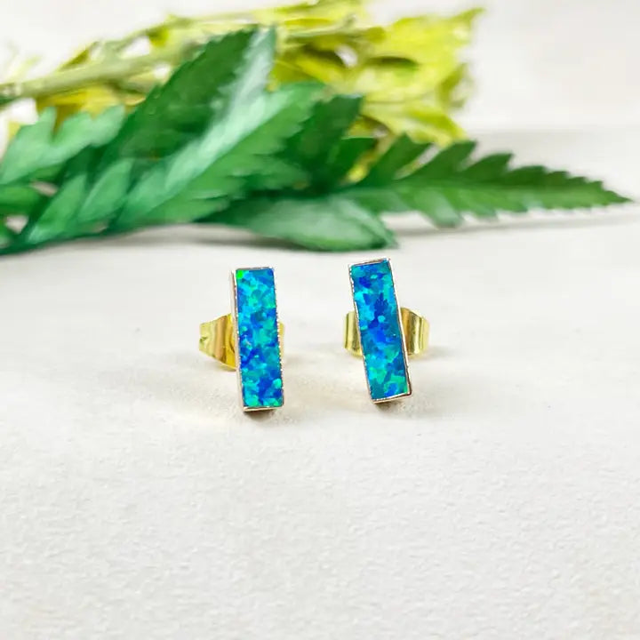 Blue Fire Opal Bar Stud Earrings -  - Ewelina Pas Jewelry - Wild Lark