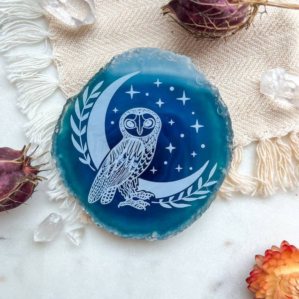 "Owl" Halloween Decor Engraved Agate Slice Gemstone Crystal -  - Fractalista Designs - Wild Lark