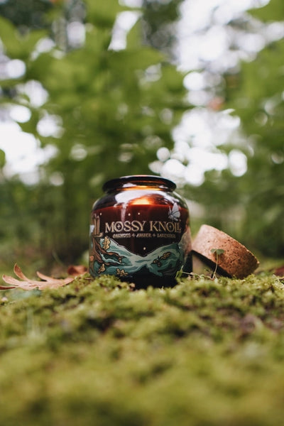 8oz Apothecary Organic Soy Wood Wick Candle - Mossy Knoll - Oakmoss, Amber, Lavender - Fablewood Goods - Wild Lark