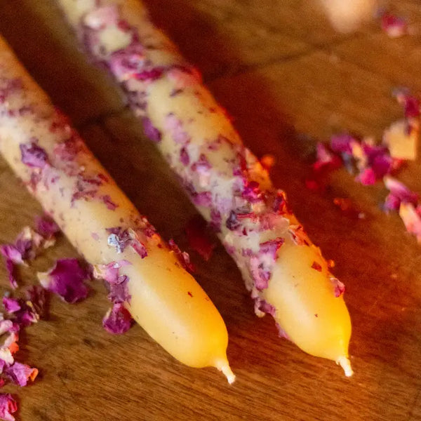 Hand Dipped Beeswax Taper Candle with Rose Petals -  - The Ramblin' Bee - Wild Lark