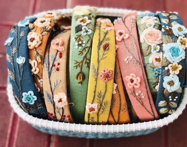 Summer Floral Embroidered Headband - Sage Green with White Flowers - Quince Fables - Wild Lark