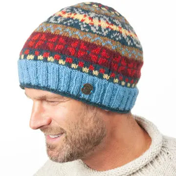 Fair Isle Pure Wool Knit Hat - Sky Beanie - black yak - Wild Lark