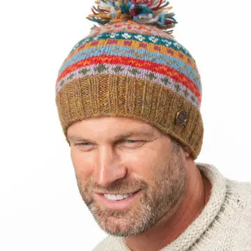 Fair Isle Pure Wool Knit Hat - Gold Heather Bobble - black yak - Wild Lark