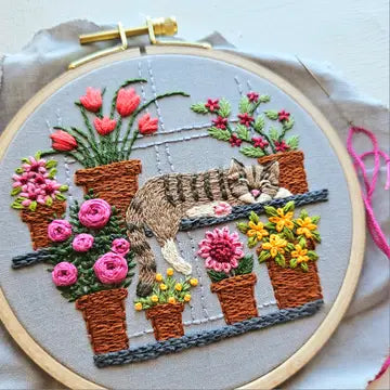 Hand Embroidery Kit - Catnap with Flowers - Jessica Long Embroidery - Wild Lark