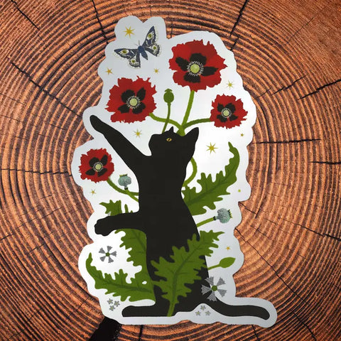 Black Cat & Poppies Matte Mirror Pvc-Free Sticker -  - Little Gold Fox Designs - Wild Lark