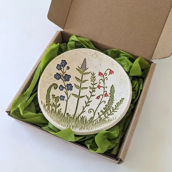 Large Wildflower Scene Pottery Dish Bowl - - Walton Clay Studio - Wild Lark