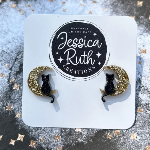 Earrings - Jessica Ruth Creations - Sparkly Cat & Moon Studs - Jessica Ruth Creations - Wild Lark