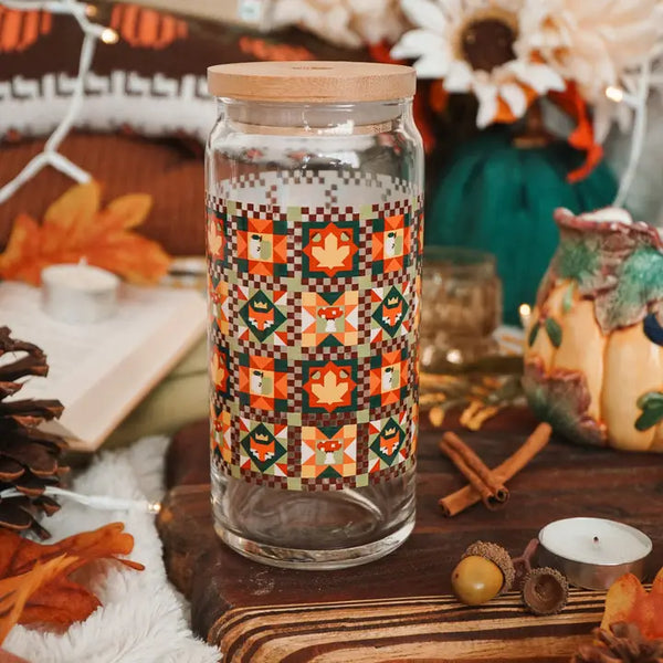 Sale! Autumn Quilt 20 oz. Can Glass| Cozy, Fall, Woodland Forest - - Cheerware - Wild Lark