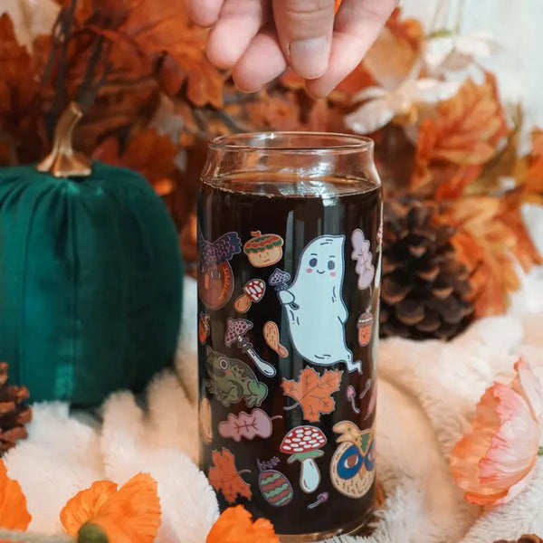 Sale! Haunted Forest Can Glass| Ghosts, owls, toads & acorns - - Cheerware - Wild Lark