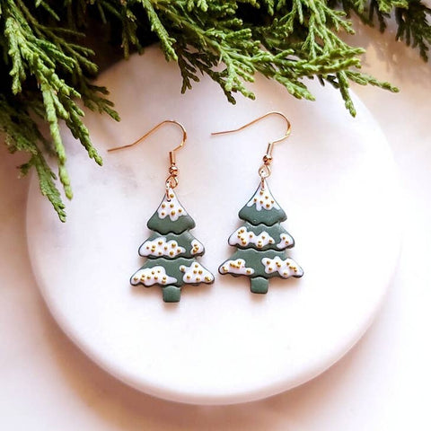 Festive Gold Christmas Tree Winter Clay Dangle Earrings -  - Foxy Methods - Wild Lark