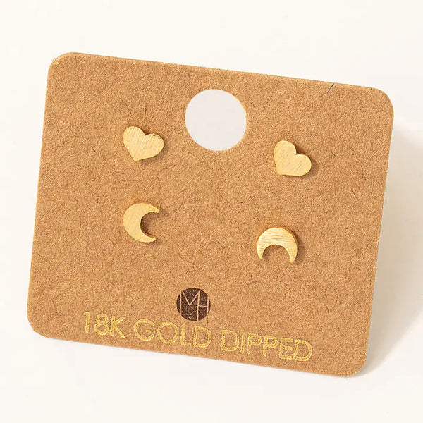 Stud Earrings - Mini Heart and Moon Stud Earring Set - Gold - Fame Accessories - Wild Lark