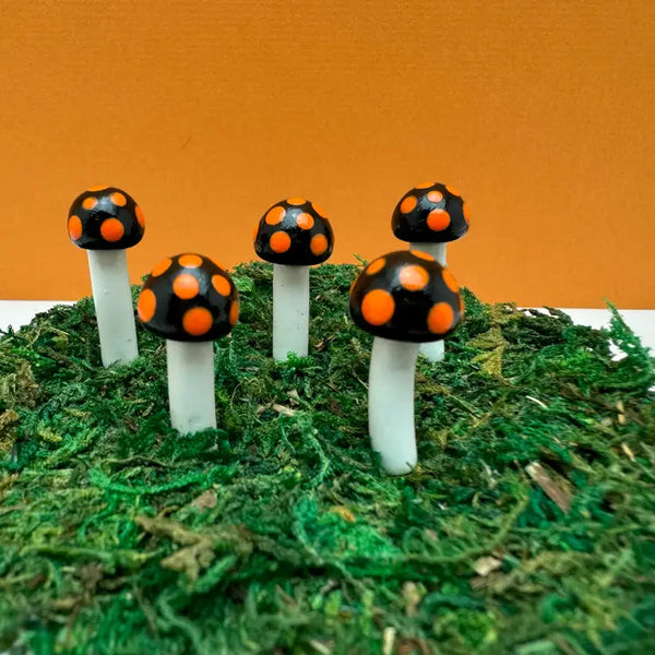 Fairy Garden Mushroom Ball-style Plant Pick - Halloween - Black with Orange Dots - Mystical Woodlands - Wild Lark