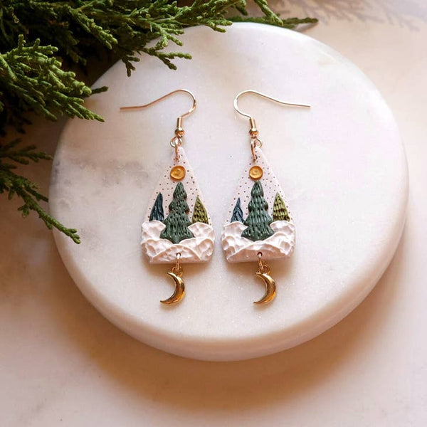 Enchanted Christmas Tree Winter Clay Gold Moon Earrings -  - Foxy Methods - Wild Lark
