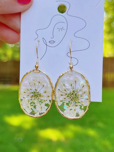 Handmade Earrings - Pressed Lace Flower Oval Earrings - Daisy Moon by Hillerland - Wild Lark