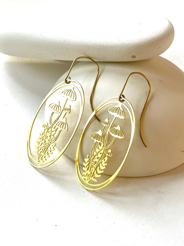 Indie South Earrings - Delicate Brass Mushroom Vignette Earrings - Indie South - Wild Lark