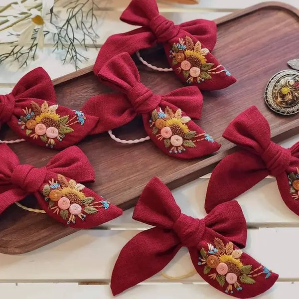 Embroidered Hair Bow - Bouquet Red - Quince Fables - Wild Lark