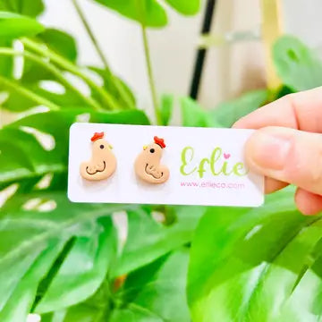 Chicken Mini Studs Clay Earrings - Plain Brown - Eflie - Wild Lark