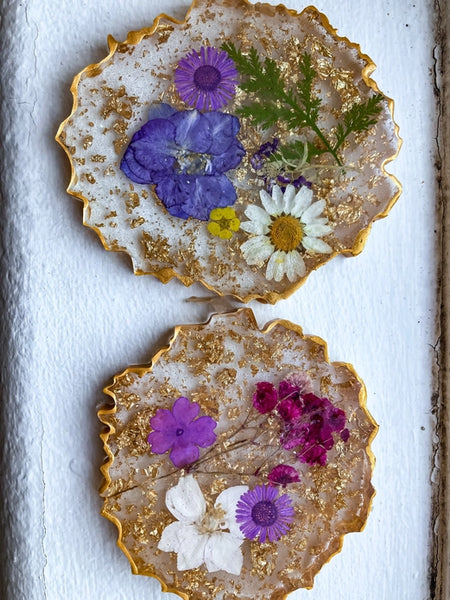 Boho Pressed Flower and Gold Leaf Coaster - Set of 4 -  - SeaLion Resin - Wild Lark