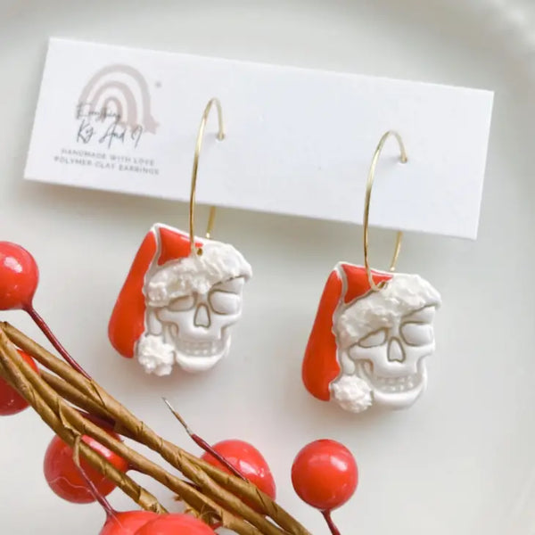 Polymer Clay Earrings - Small Santa Hat Skeletons - Everything Ky and I - Wild Lark