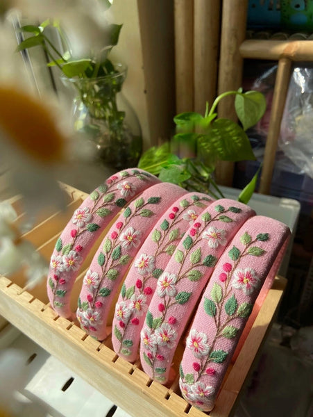 Summer Floral Embroidered Headband - Sakura Embroidered Pink - Quince Fables - Wild Lark