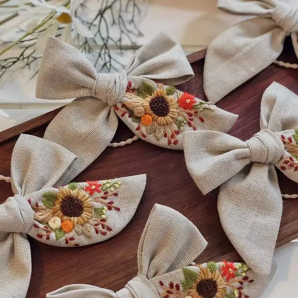 Embroidered Hair Bow - Sunflower Beige - Quince Fables - Wild Lark