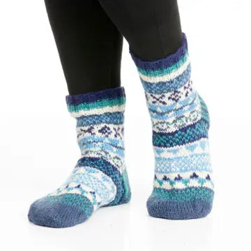 Fair Isle Pure Wool Knitted Socks - Large Blue - black yak - Wild Lark
