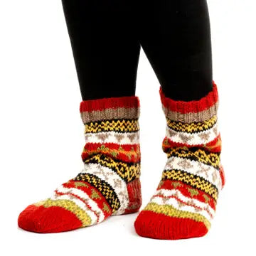 Fair Isle Pure Wool Knitted Socks - Large Rust - black yak - Wild Lark