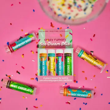 4 Pack Lip Balm by Crazy Rumors - Ice Cream Mix 4 Pack - Orange Creamsicle Banana Split Raspberry Sorbet Mint Chocolate - Crazy Rumors - Wild Lark