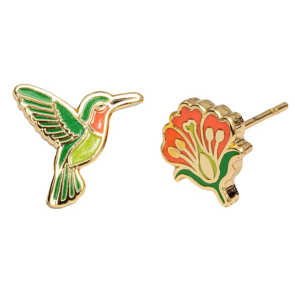 Earring Studs - Curio Hummingbird & Flower - Yellow Owl Workshop - Wild Lark