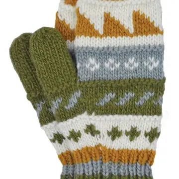 Patterned Mittens-Pure Wool-Knitted - Green Mustard - black yak - Wild Lark