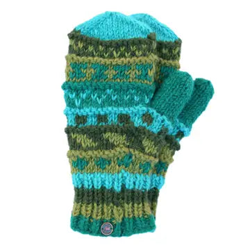Patterned Mittens-Pure Wool-Knitted - Greens - black yak - Wild Lark