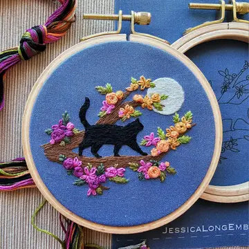 Hand Embroidery Kit - Mini Black Cat & Full Moon - Jessica Long Embroidery - Wild Lark