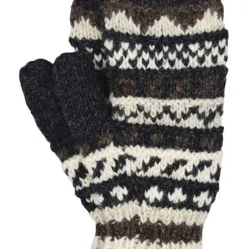 Patterned Mittens-Pure Wool-Knitted - Natural - black yak - Wild Lark