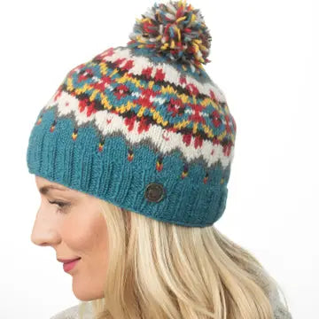 Norse Bobble Hat - Pure Wool - Knitted - Aqua - black yak - Wild Lark
