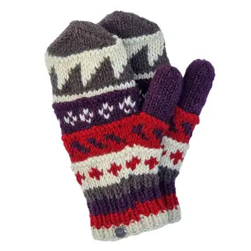 Patterned Mittens-Pure Wool-Knitted - Red Aubergine - black yak - Wild Lark