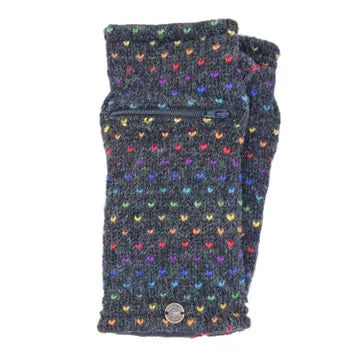 Wrist Warmers Pure Knitted Wool - Rainbow Tick Zip Pocket-Charcoal - black yak - Wild Lark