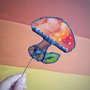 Stained Glass - Mushroom with leaf plant stake -  - Lost and Found Design - Wild Lark