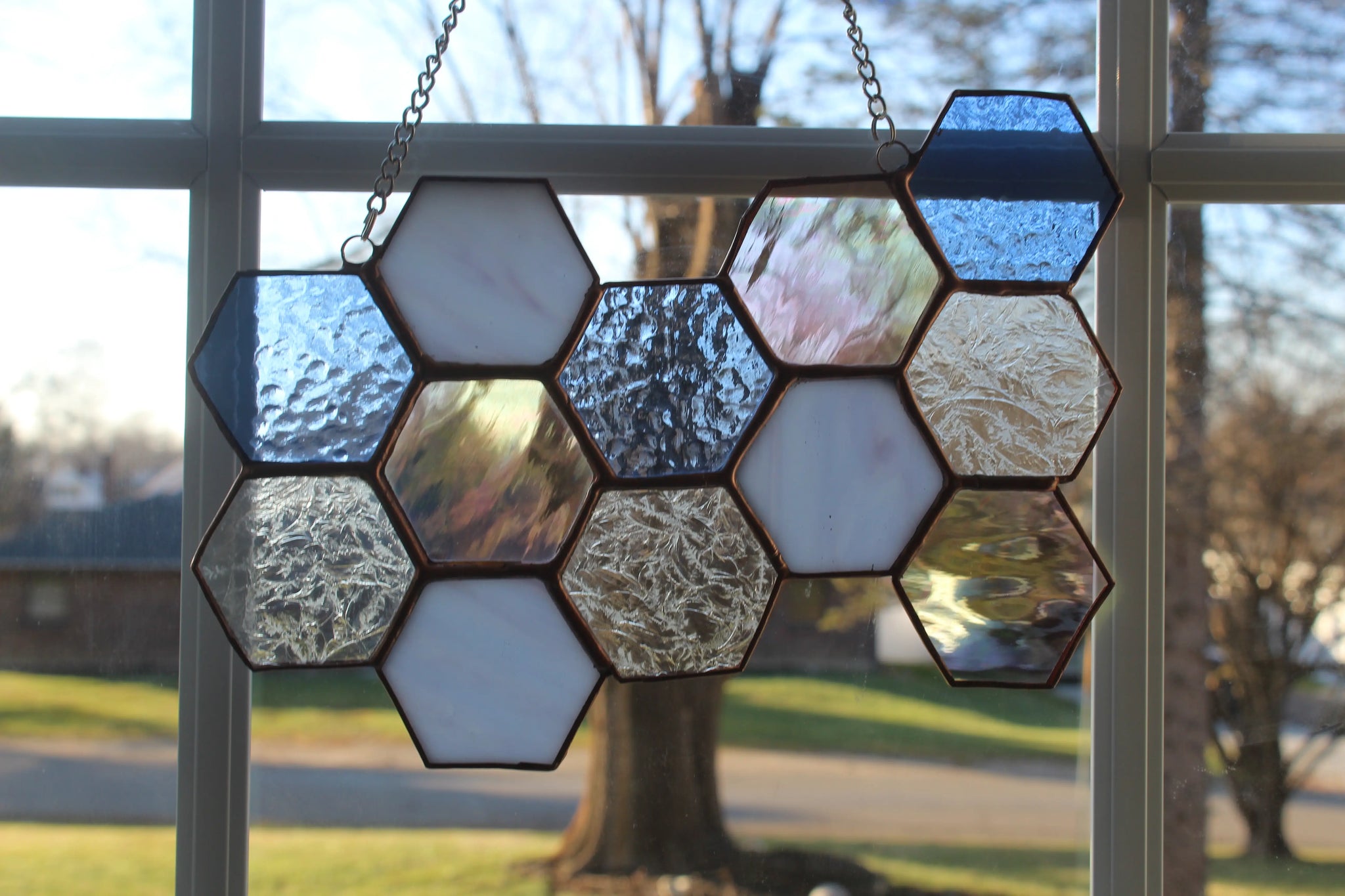 Honeycomb Stained Glass Suncatcher - Blue + Pink - The Glass Magnolia - Wild Lark