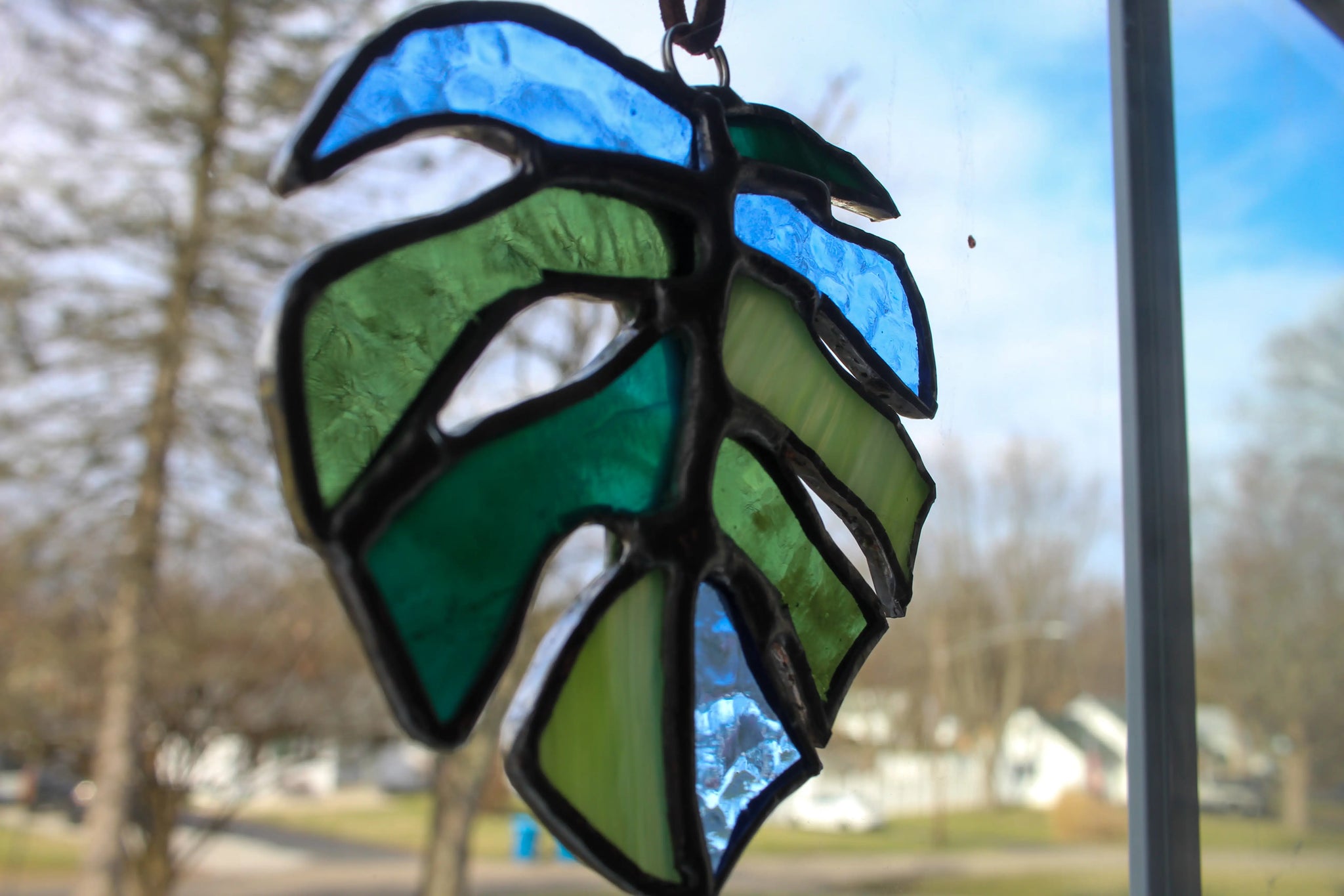 Monstera Leaf Stained Glass Suncatcher - Mini Blue + Green - The Glass Magnolia - Wild Lark