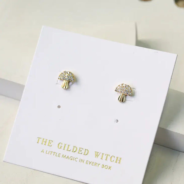 Dainty Mushroom Stud Earrings - Mushroom Crystal Stud Earrings - The Gilded Witch - Wild Lark