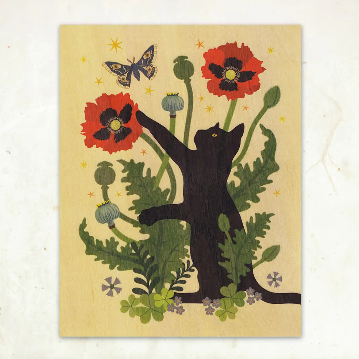 Black Cat & Poppies Small Wood Print -  - Little Gold Fox Designs - Wild Lark