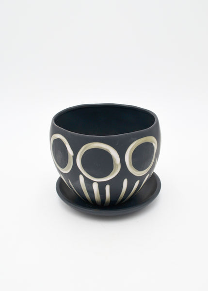 Black White Design Medium Ceramic Pot With Tray Saucer -  - Pots and Vases - Wild Lark