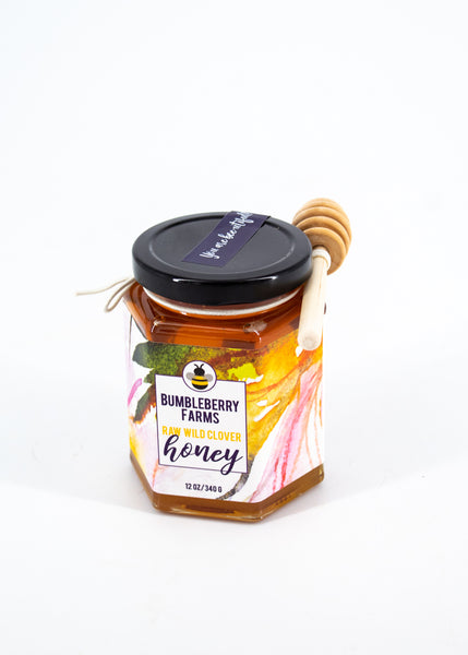 Raw Floral Clover Honey Jar with Dipping Wand -  - Bumbleberry Farms - Wild Lark